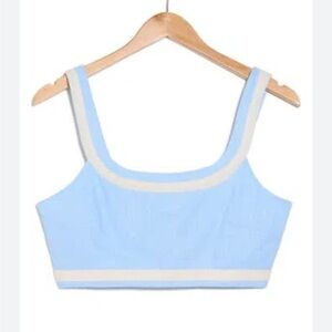 AVEC LES FILLES Linen Blend Crop Top In Ice Blue Size Large